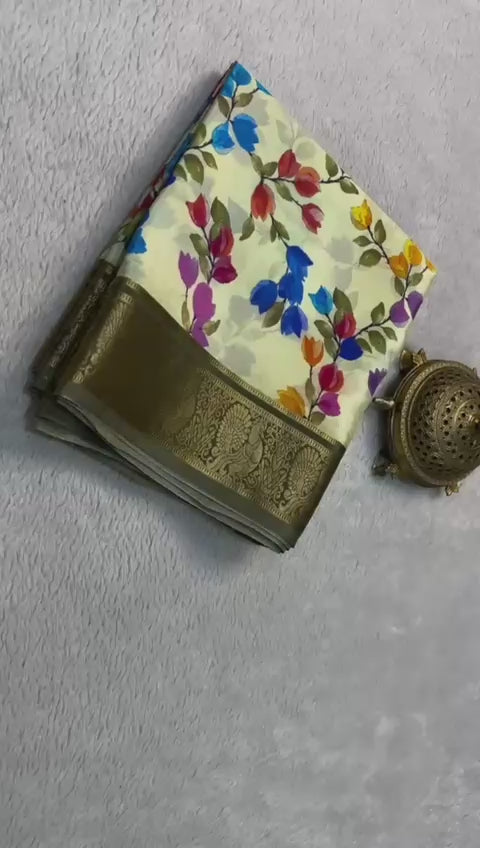 Load video: Graceful Modern Printed Mysore Crepe Silk with Contrast Pallu