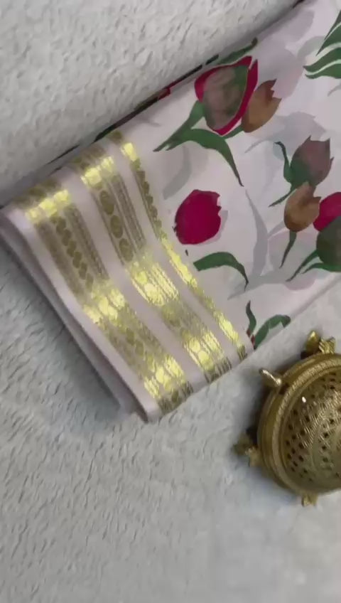 Load video: Stunning Floral Print Mysore Silk Sarees with Patta Pallu