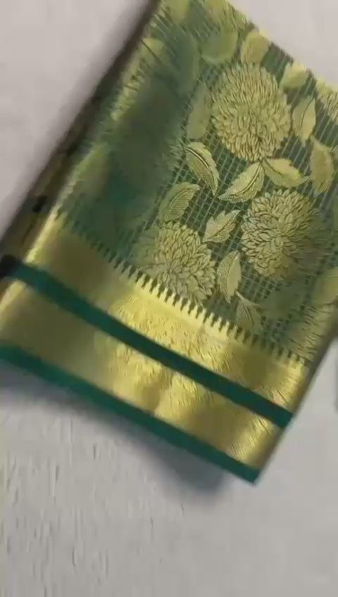 Load video: Luxurious Bridal Silk Brocade Saree: Gold &amp; Silver Zari with Rich Floral Checks and Opulent Pallu