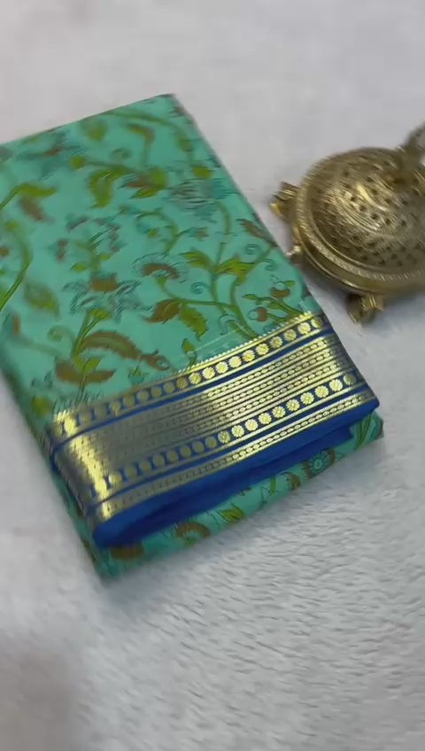 Load video: Chic &amp; Graceful: Modern Printed Mysore Crepe Silk Saree with Blouse