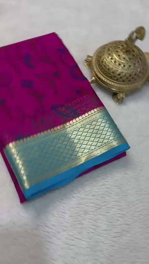 Load video: Radiant Modern Printed Mysore Crepe Silk with Contrast Pallu