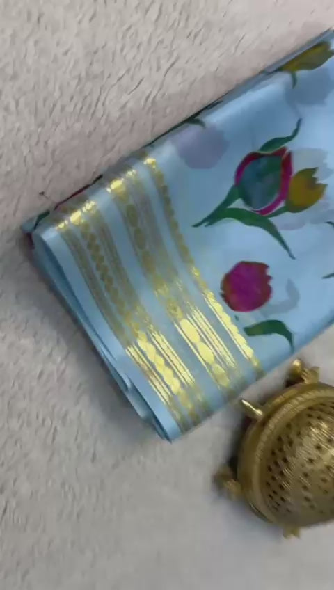 Load video: Luxurious Floral Print Mysore Silk Sarees with Plain Blouse