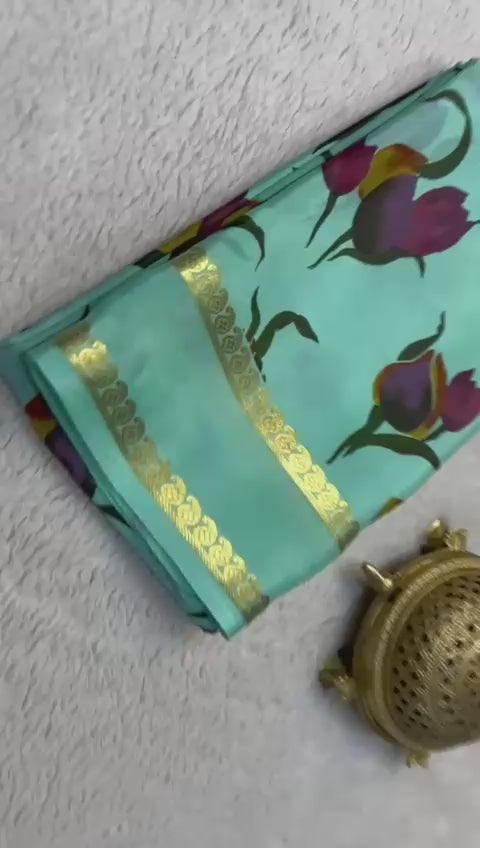 Load video: Floral Print Mysore Silk Sarees - Elegant Designs for Every Occasion
