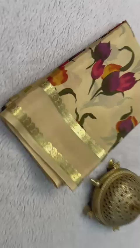 Load video: Vibrant Floral Print Mysore Silk Sarees for Special Occasions
