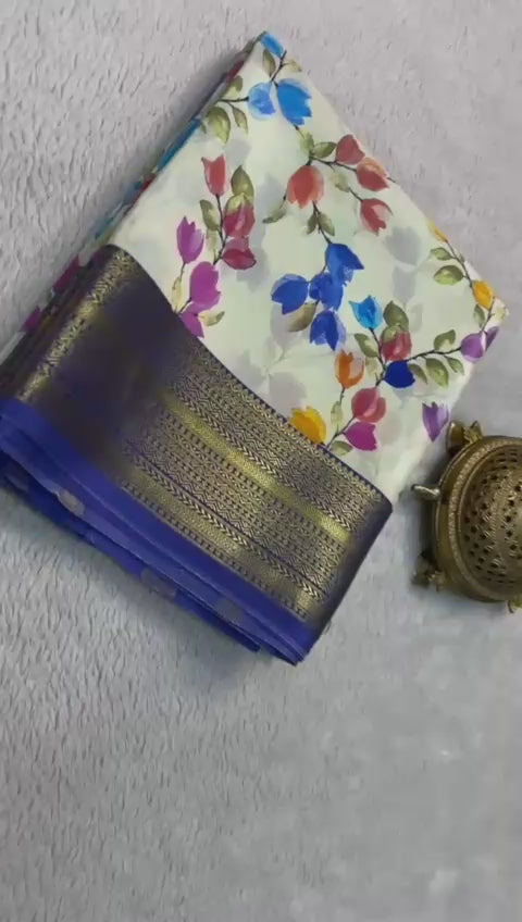 Load video: Exclusive Modern Printed Mysore Crepe Silk with Kanchi Border and Blouse
