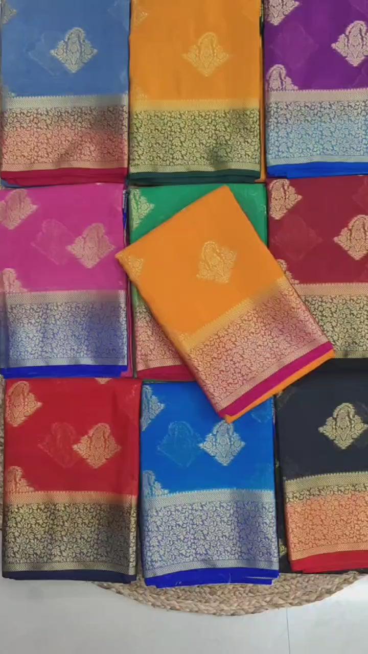 Load video: Pure crepe mysore silk sarees With beautiful Zari weaving motifs