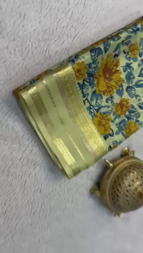 Load video: Floral Print Mysore Silk Sarees with Rich Patta Pallu