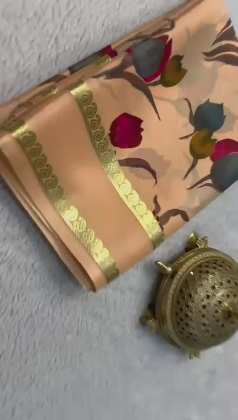 Load video: Floral Print Mysore Silk Sarees with Traditional Patta Pallu
