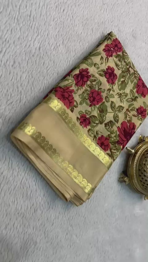 Load video: Radiate Elegance: Floral Printed Silk Sarees with Stylish Patta Pallu