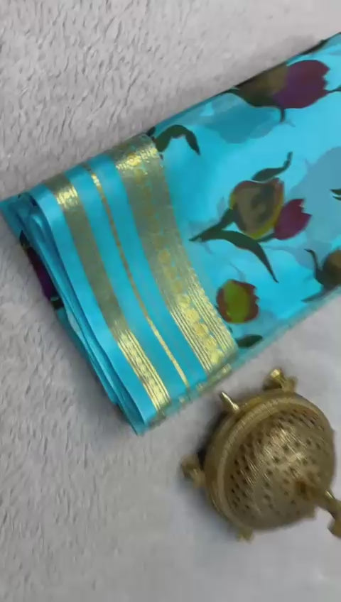 Load video: Elegant Floral Print Mysore Silk Sarees with Patta Pallu