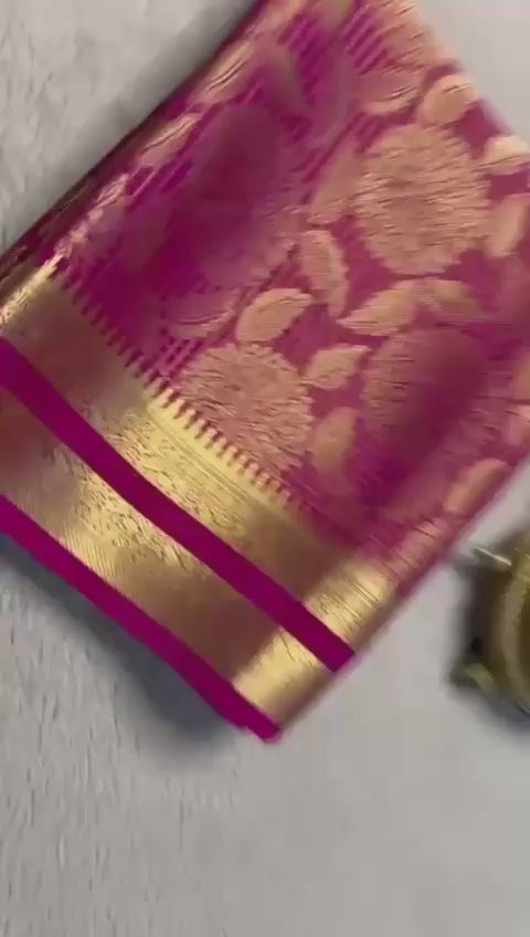 Load video: Luxurious Bridal Silk Brocade Saree: Gold &amp; Silver Zari with Rich Floral Checks and Opulent Pallu