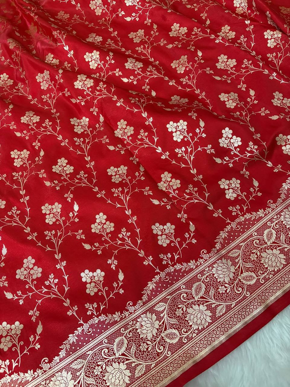 Fire Gold Banarasi Satin Silk Saree with Booti Work | Luxury Wedding & Festive Wear Saree for Women
