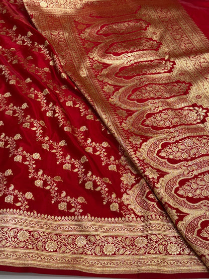Banarasi Cross Jaal Satin Katan Silk Saree | Jacquard Woven Traditional Banarasi Saree