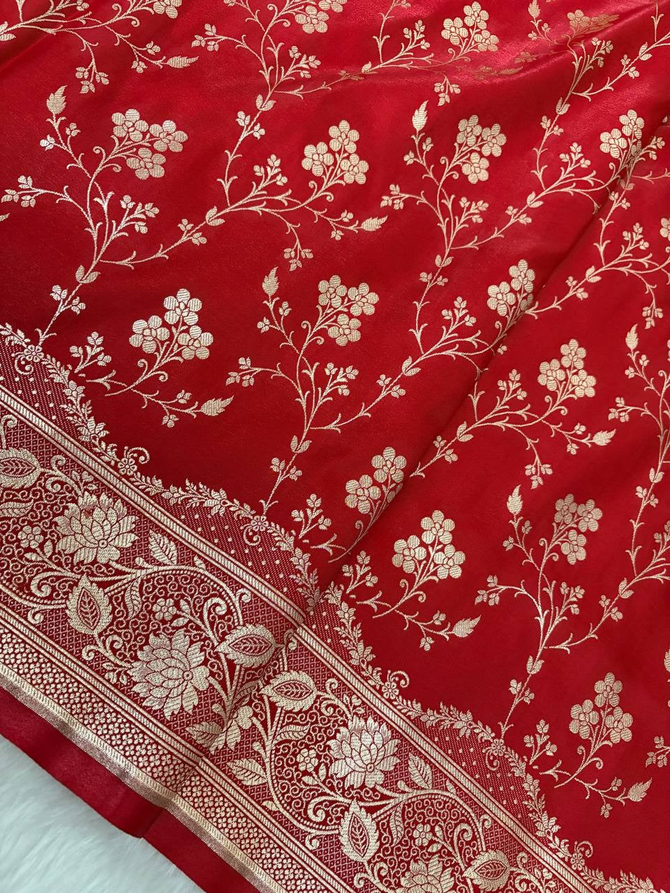 Fire Gold Banarasi Satin Silk Saree with Booti Work | Luxury Wedding & Festive Wear Saree for Women