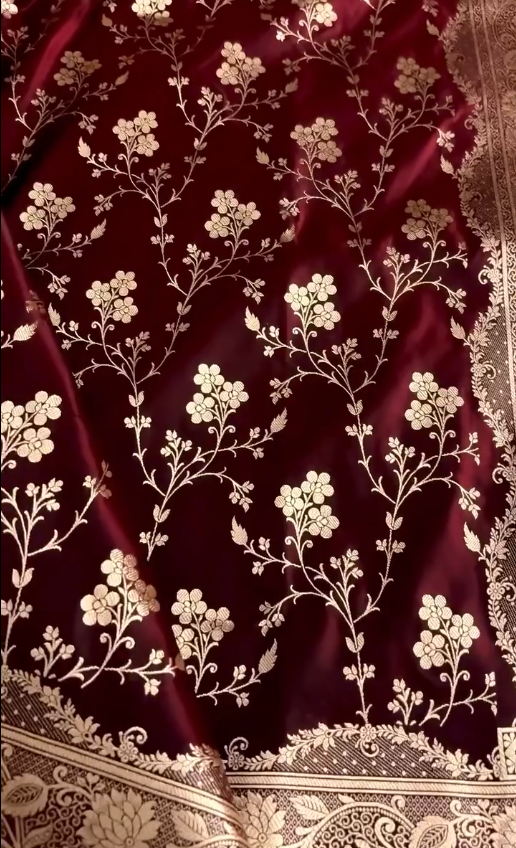 Fire Gold Banarasi Satin Silk Saree with Booti Work | Luxury Wedding & Festive Wear Saree for Women