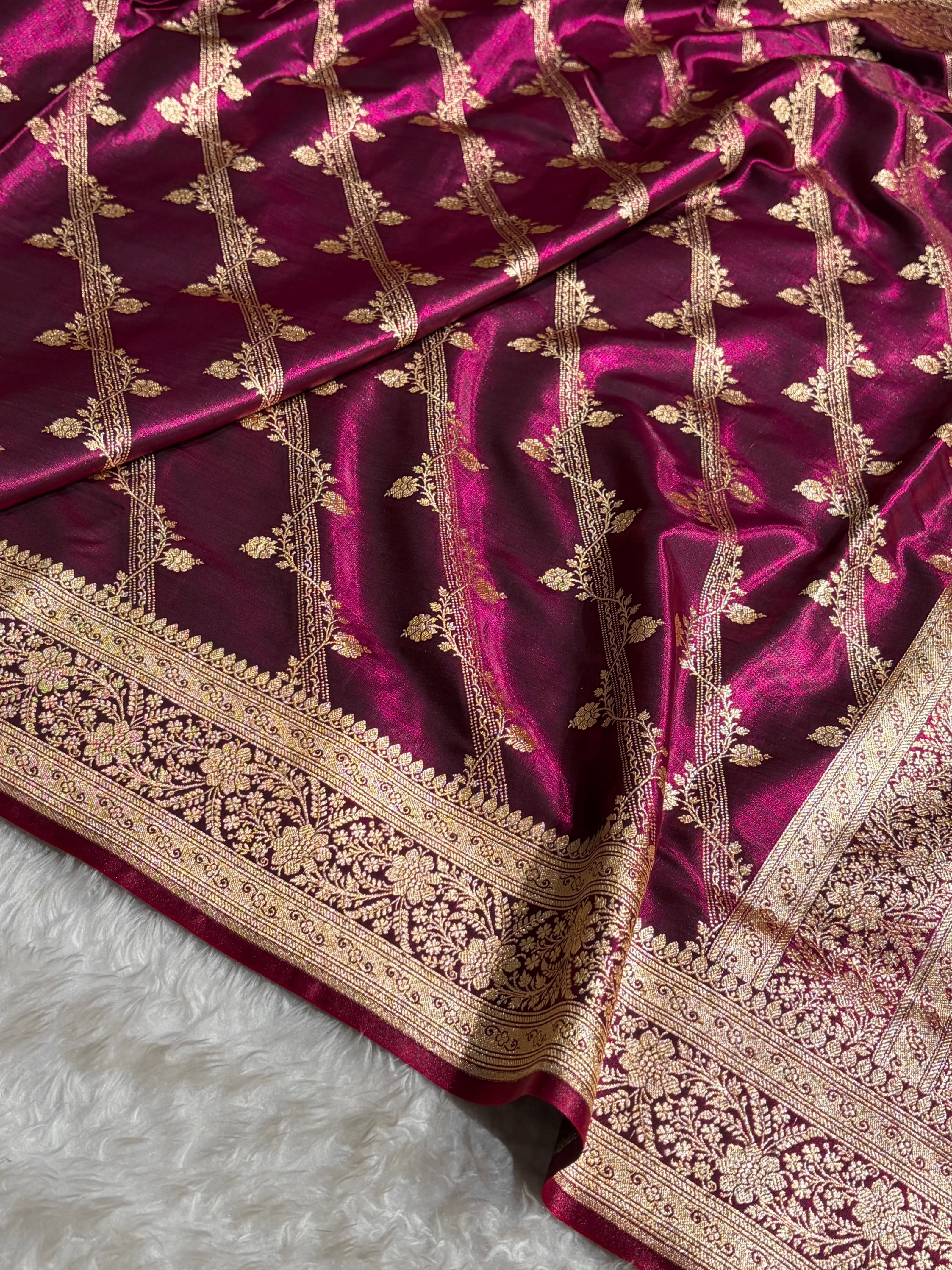 Cross Pattern Banarasi Satin Silk Saree in Maroon | Premium Jacquard Weave