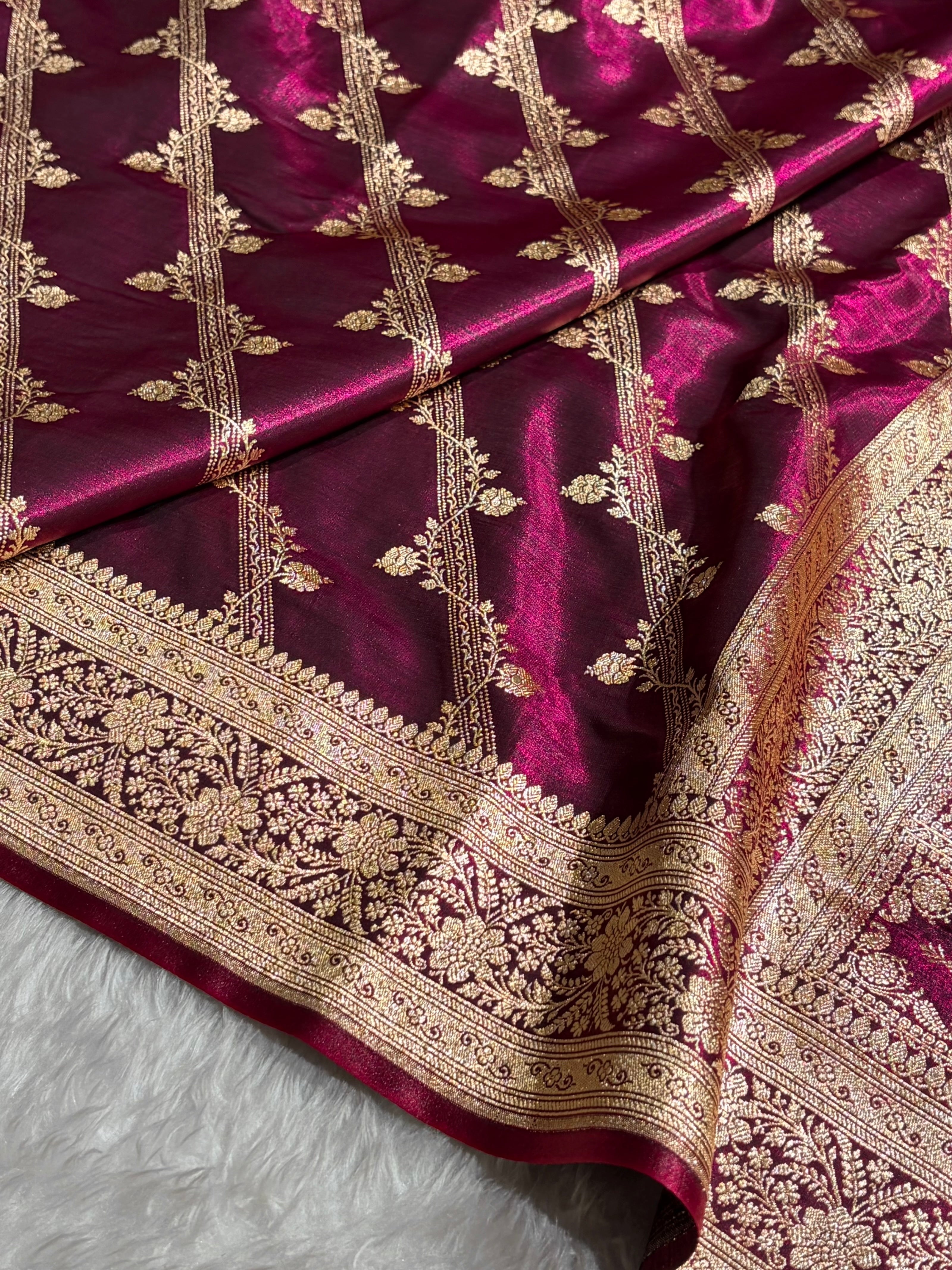 Cross Pattern Banarasi Satin Silk Saree in Maroon | Premium Jacquard Weave