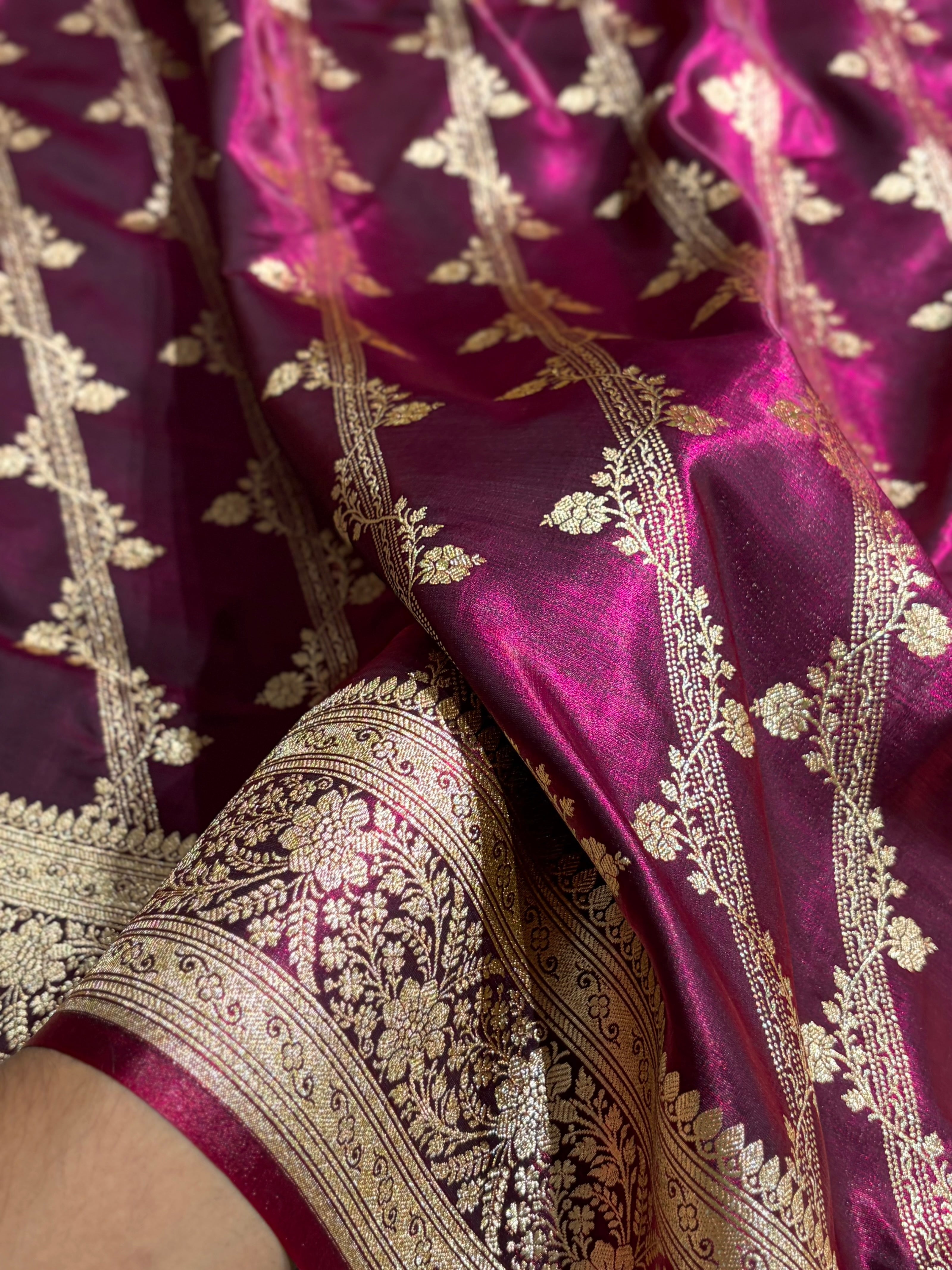 Cross Pattern Banarasi Satin Silk Saree in Maroon | Premium Jacquard Weave
