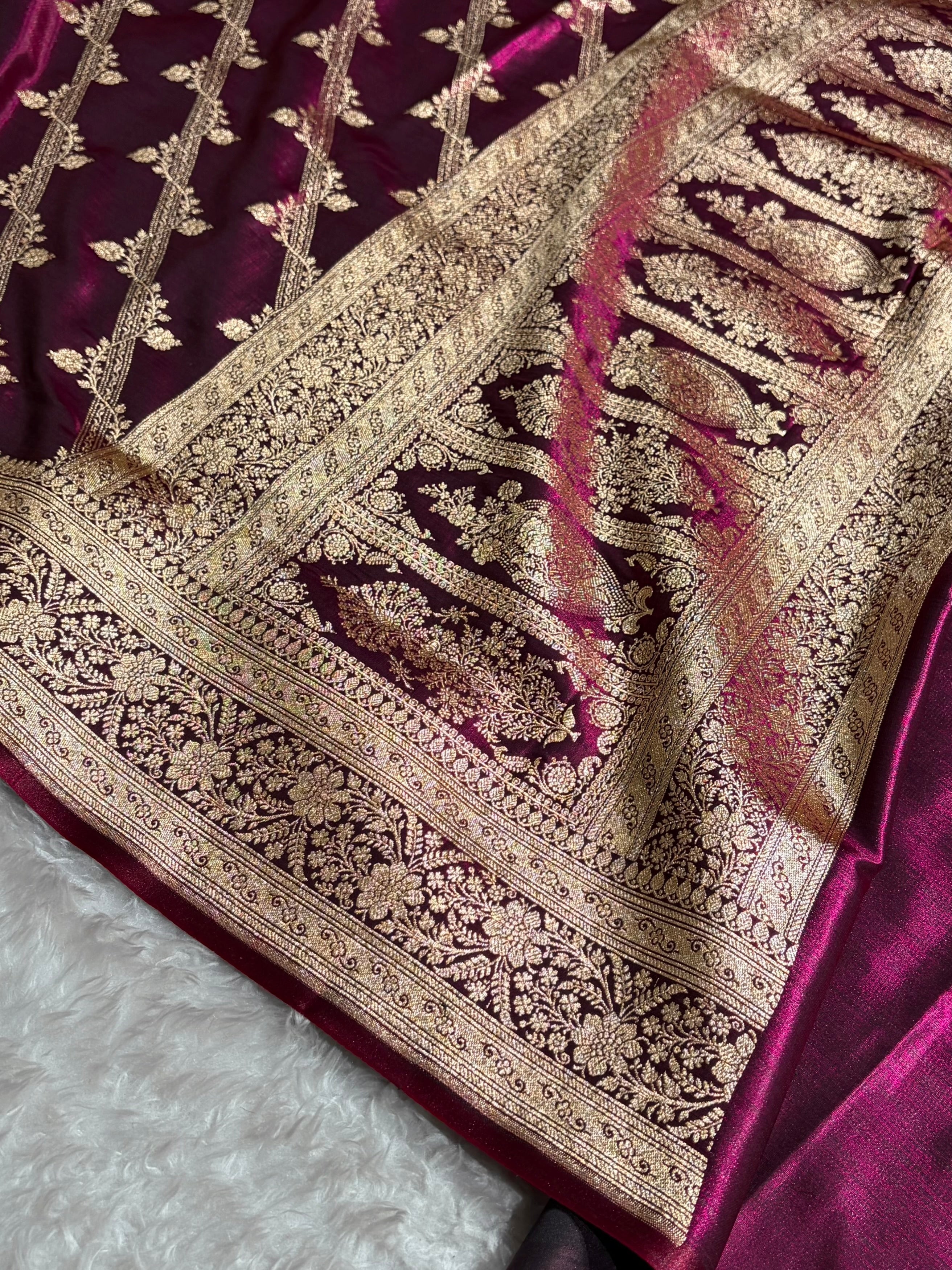 Cross Pattern Banarasi Satin Silk Saree in Maroon | Premium Jacquard Weave