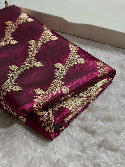 Cross Pattern Banarasi Satin Silk Saree in Maroon | Premium Jacquard Weave